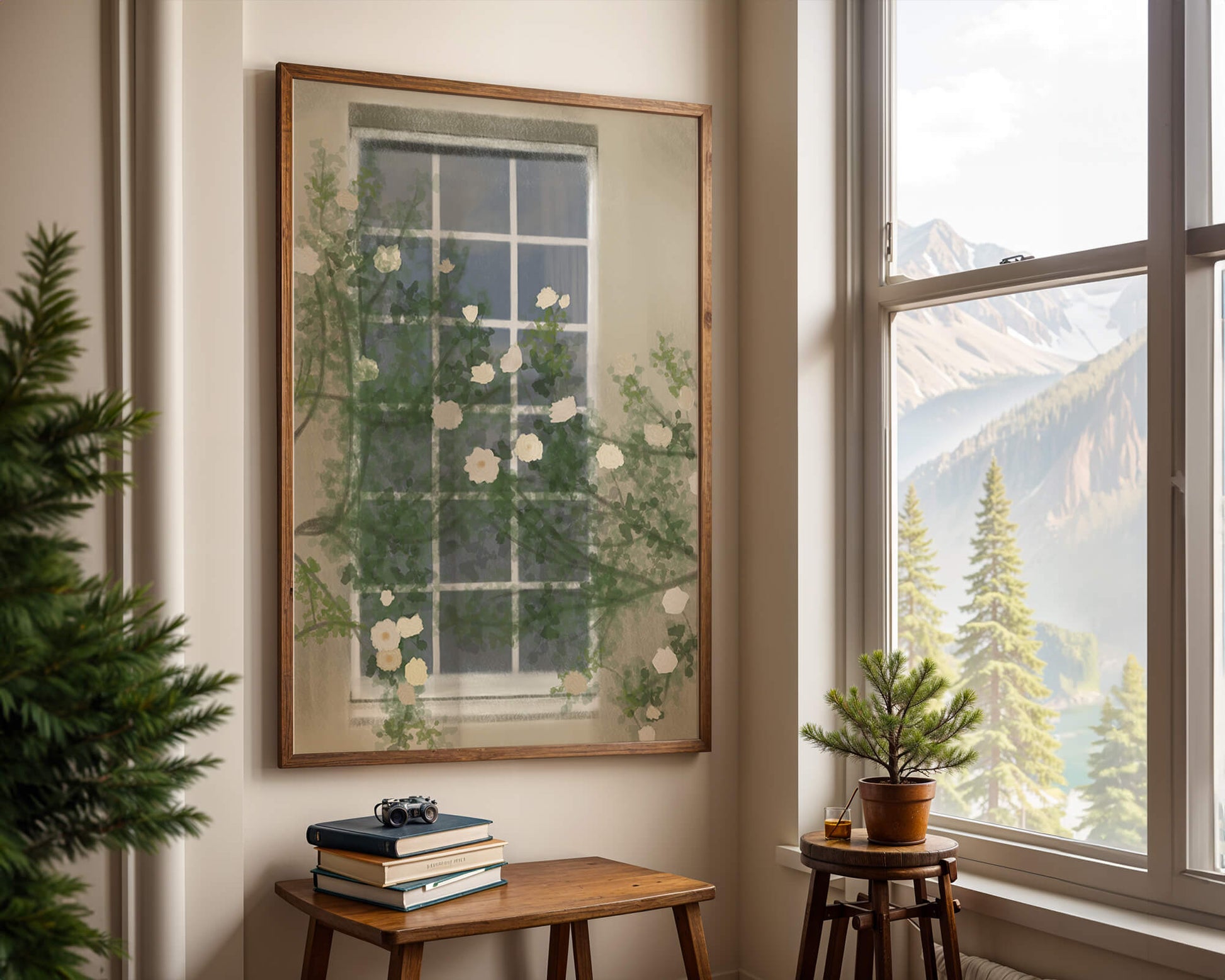 Floral Window with Climbing Roses in a Tranquil Setting