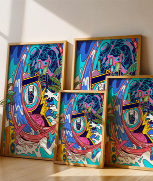 Vibrant abstract art with waves and neon elements