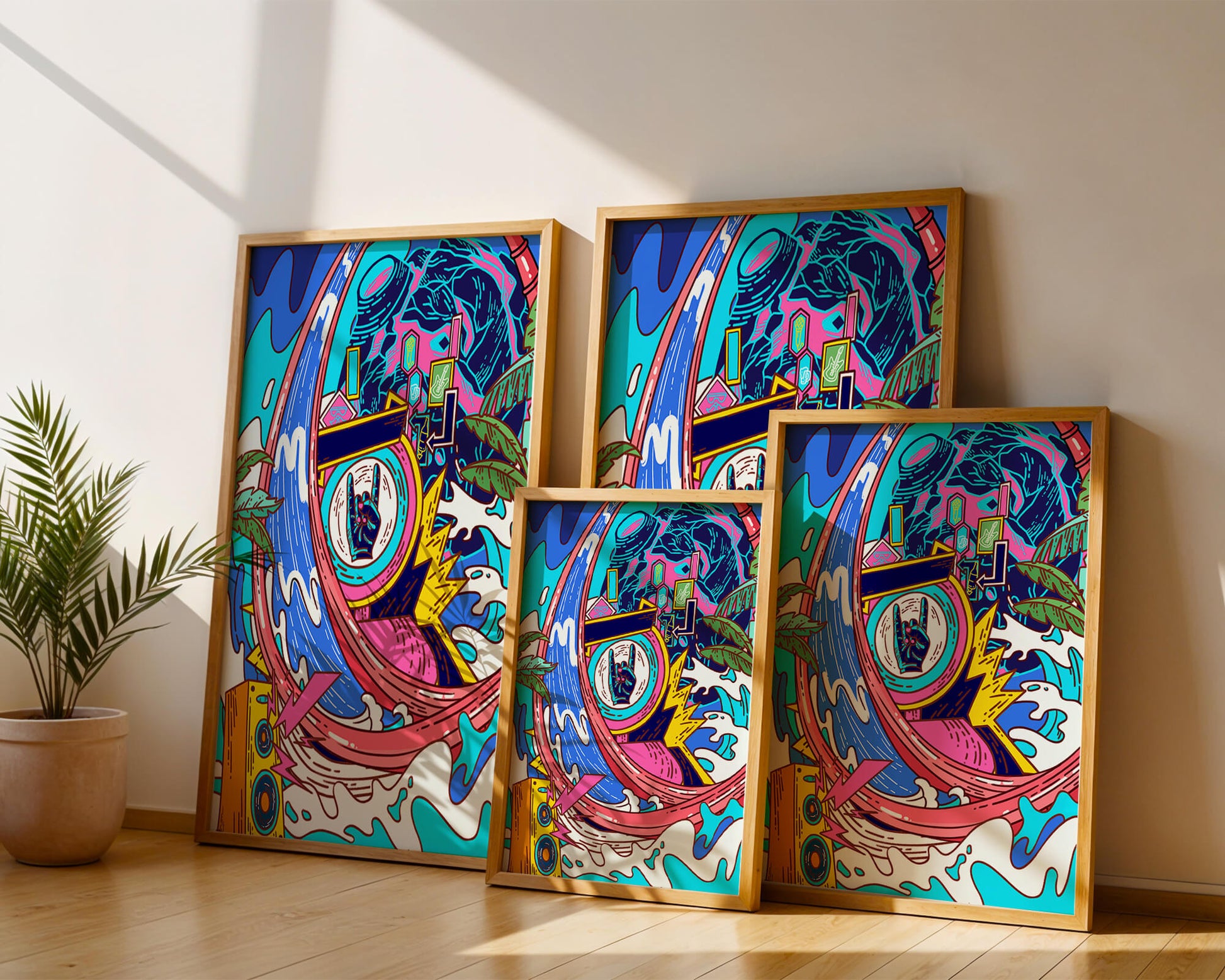 Vibrant abstract art with waves and neon elements