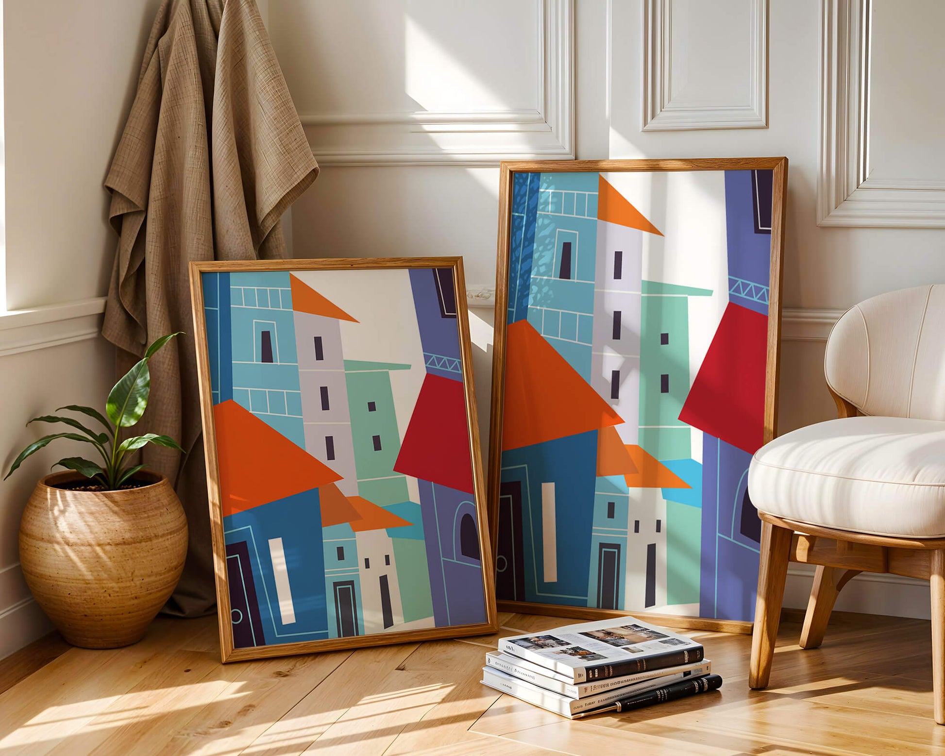 Colorful abstract cityscape with geometric buildings