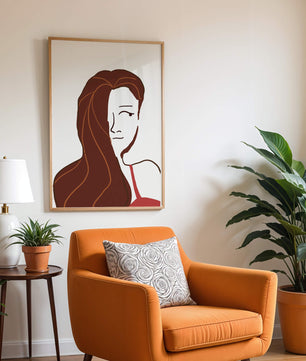 Ilustración estilizada de una mujer con cabello fluyendo y diseño minimalista