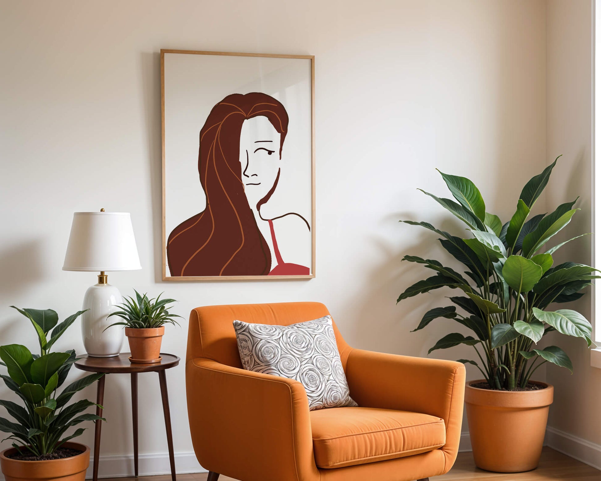 Ilustración estilizada de una mujer con cabello fluyendo y diseño minimalista