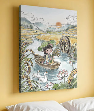 Niña en un bote con campos de arroz y atardecer de fondo
