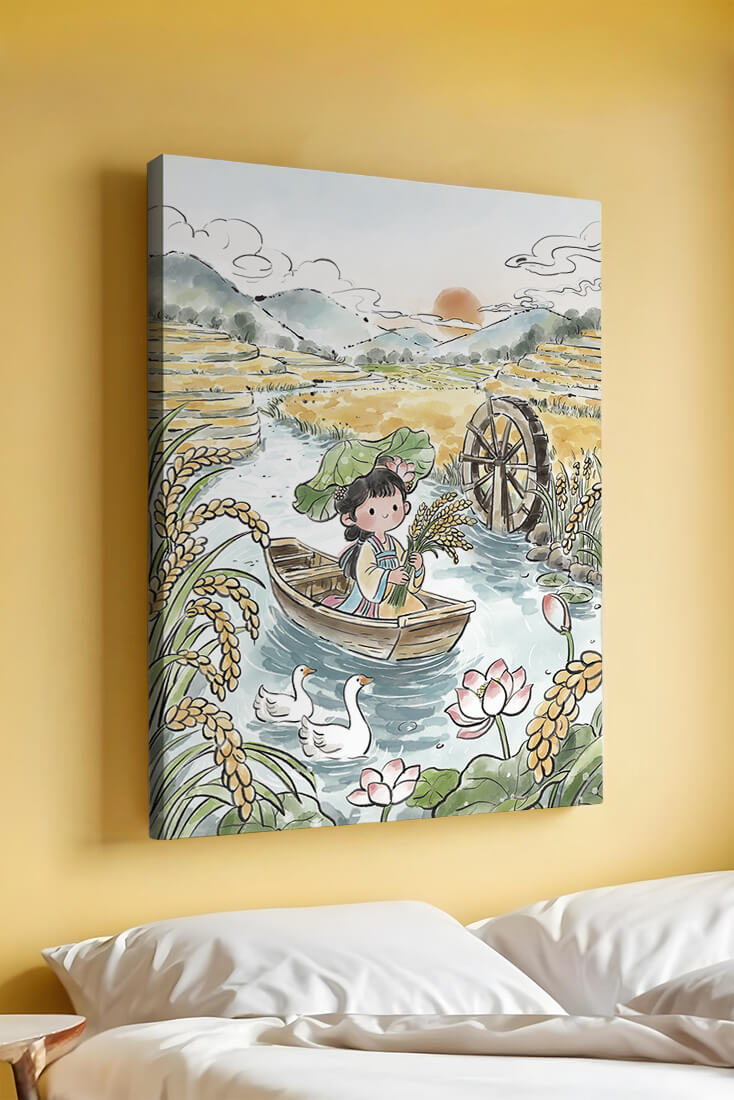 Niña en un bote con campos de arroz y atardecer de fondo