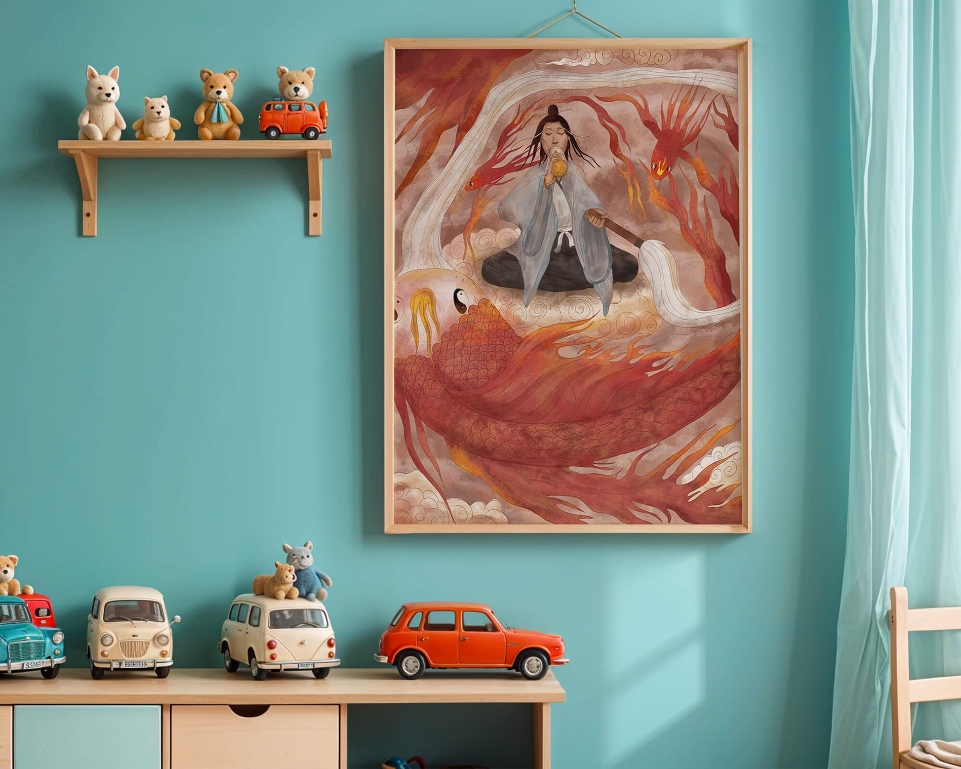 Serene meditation with mystical elements and mythical creatures