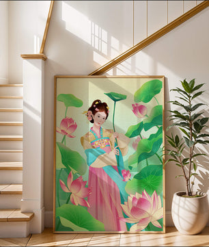 Traditional Asian woman in a garden surrounded by lotus flowers and green leaves