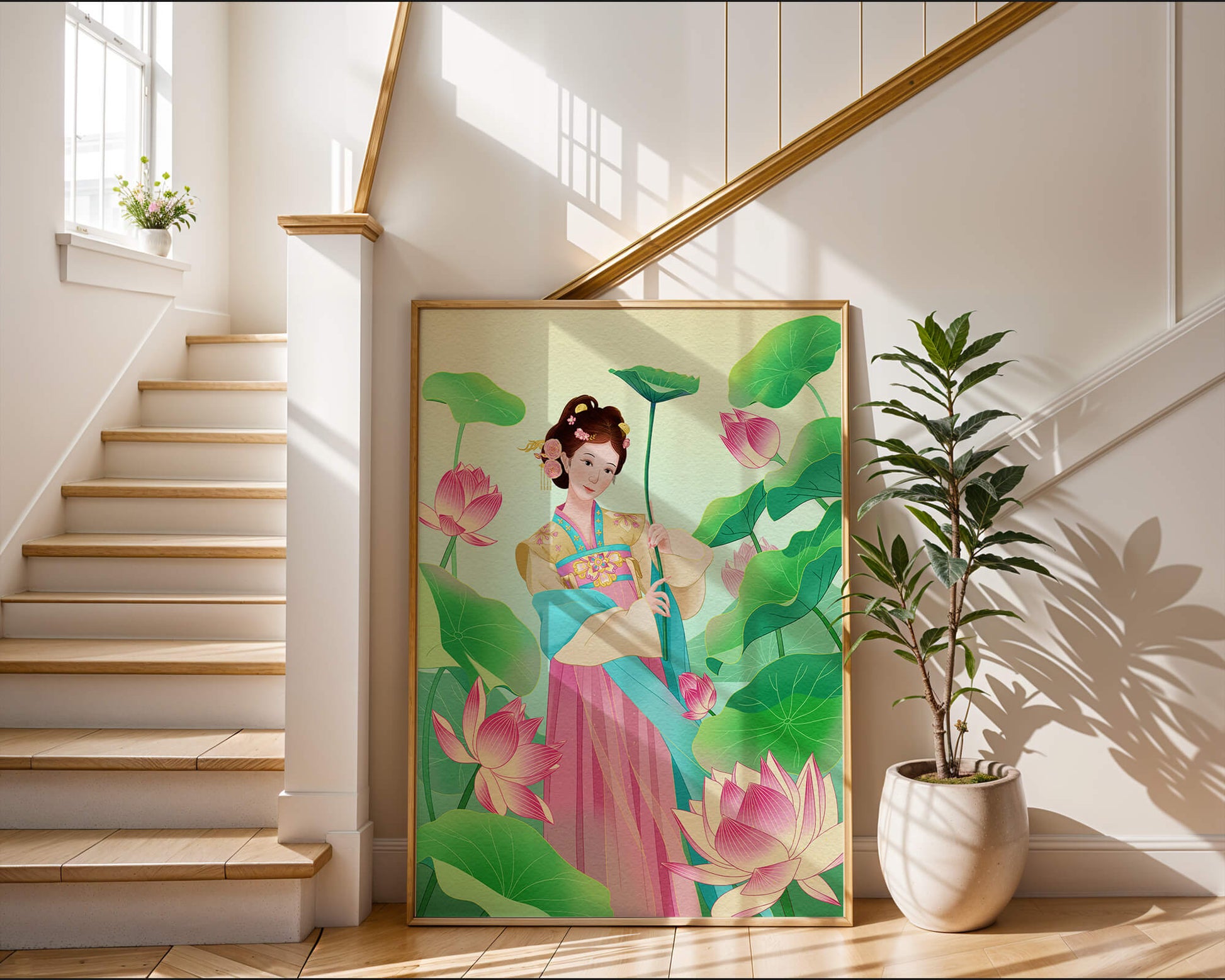 Traditional Asian woman in a garden surrounded by lotus flowers and green leaves
