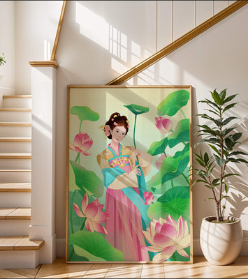 Traditional Asian woman in a garden surrounded by lotus flowers and green leaves