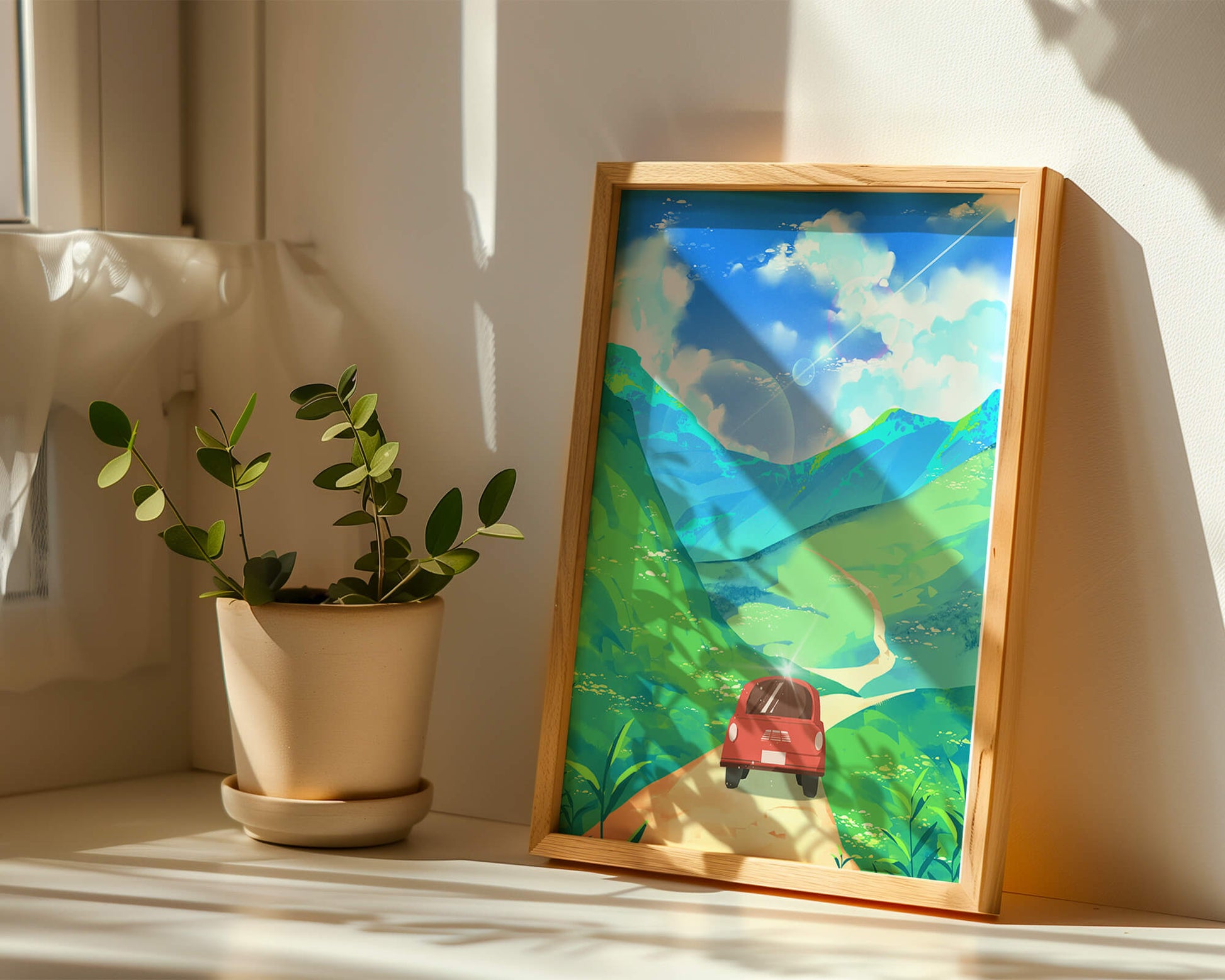 Red Car on a Scenic Road Through Green Hills Under a Vibrant Blue Sky