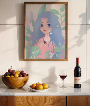 Illustration of a blue-haired girl surrounded by greenery