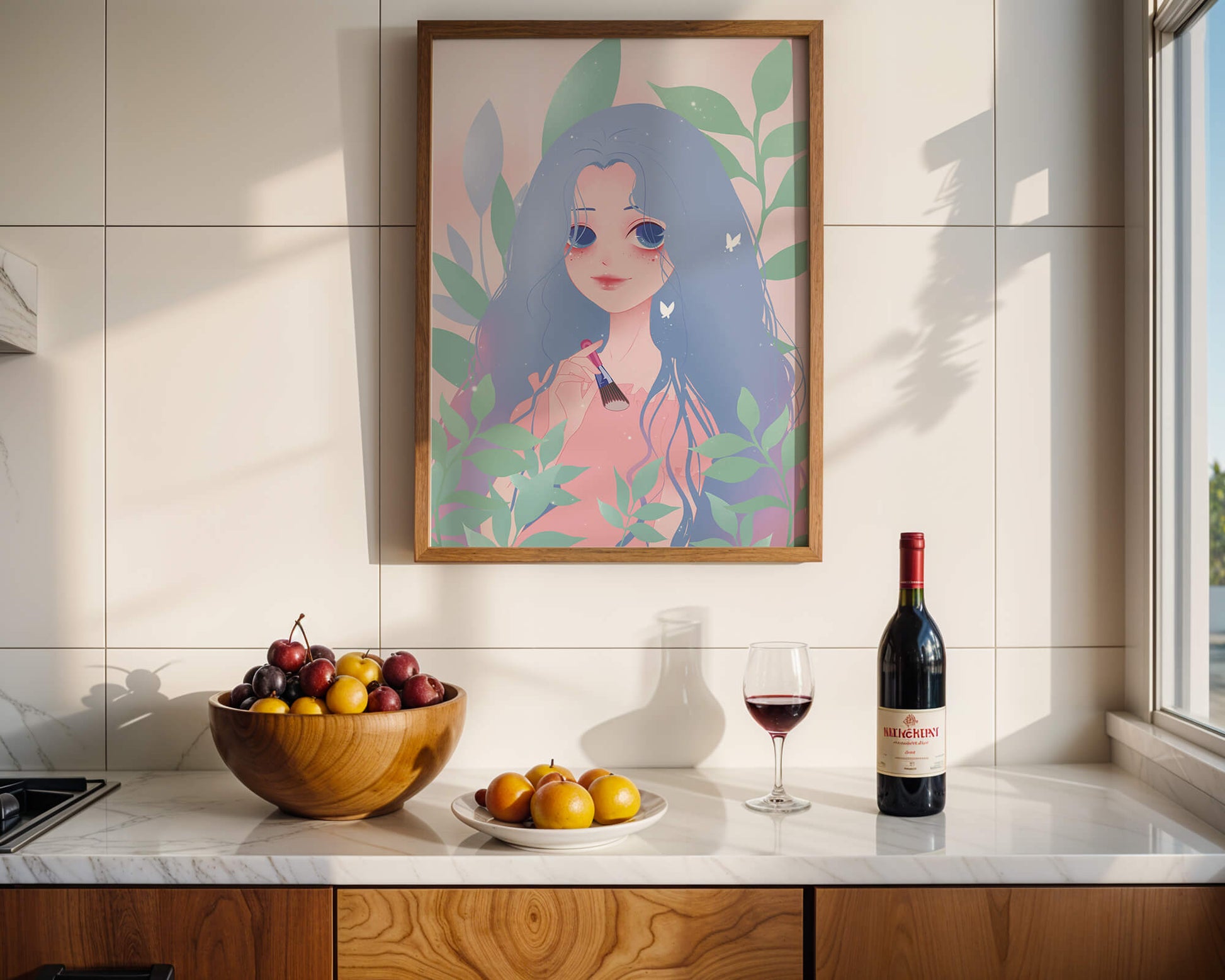 Illustration of a blue-haired girl surrounded by greenery