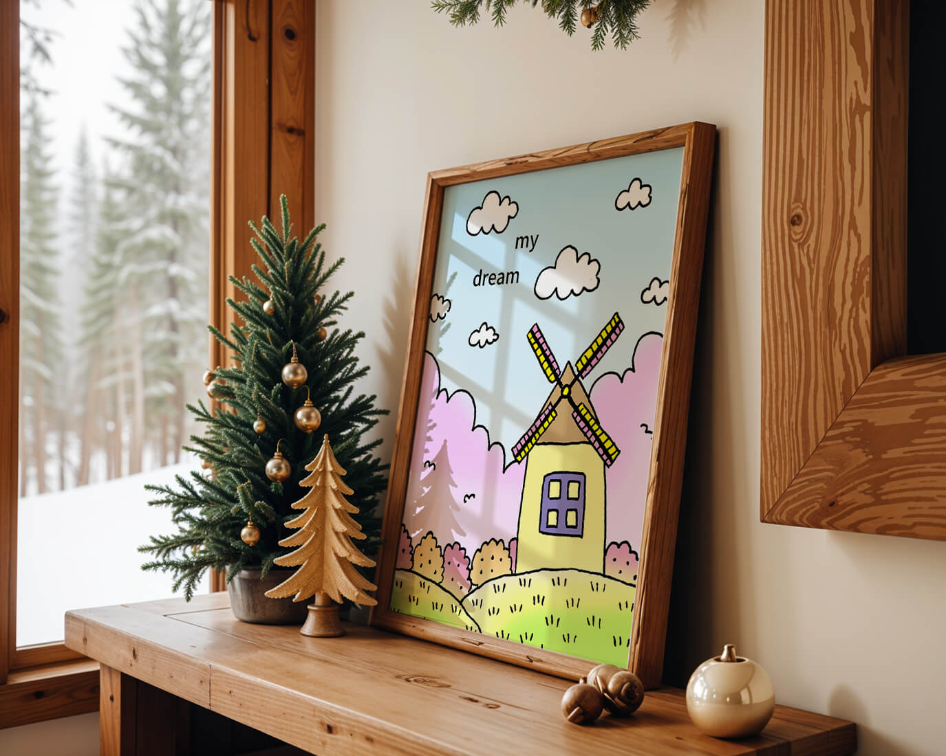 Windmill in a pastel landscape with fluffy clouds and bushes