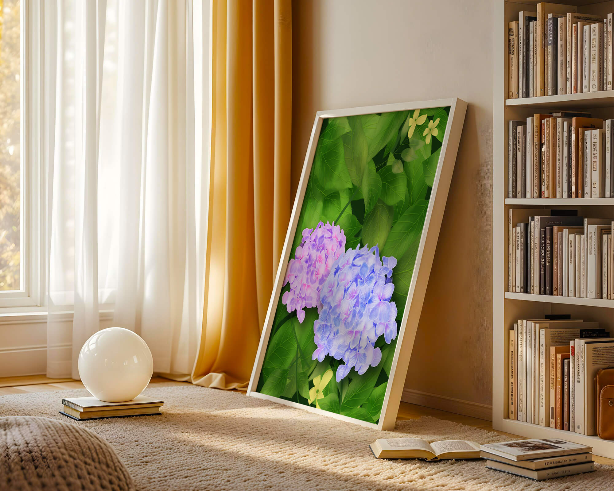 Delicate hydrangeas with lush green leaves in a vibrant botanical scene