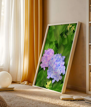Delicate hydrangeas with lush green leaves in a vibrant botanical scene