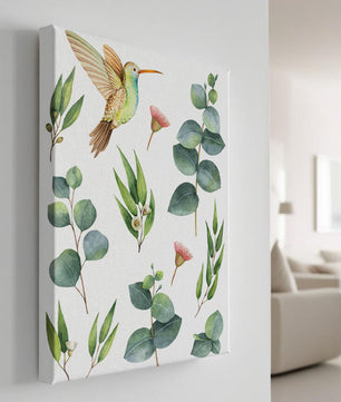 Illustration d'un colibri à l'aquarelle et de feuilles d'eucalyptus