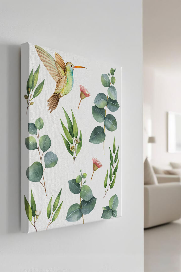 Watercolor hummingbird and eucalyptus leaves illustration