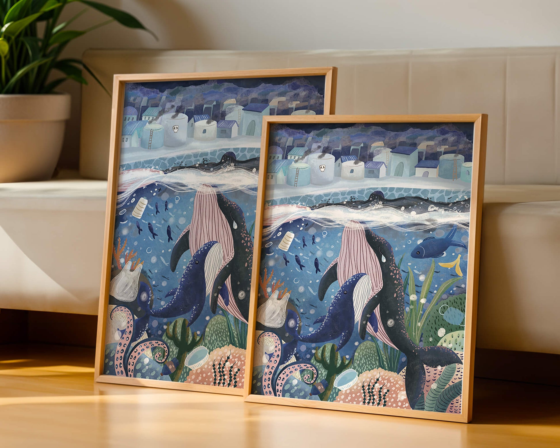 Whimsical Underwater City with Marine Life and Pollution