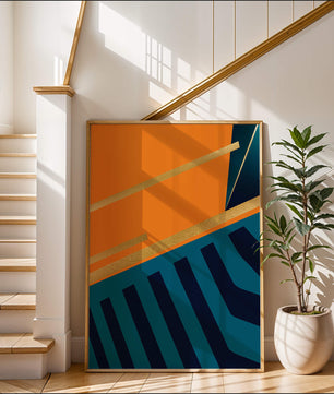 Moderne geometrische Abstraktion mit goldenen Elementen und kräftigen Farben 