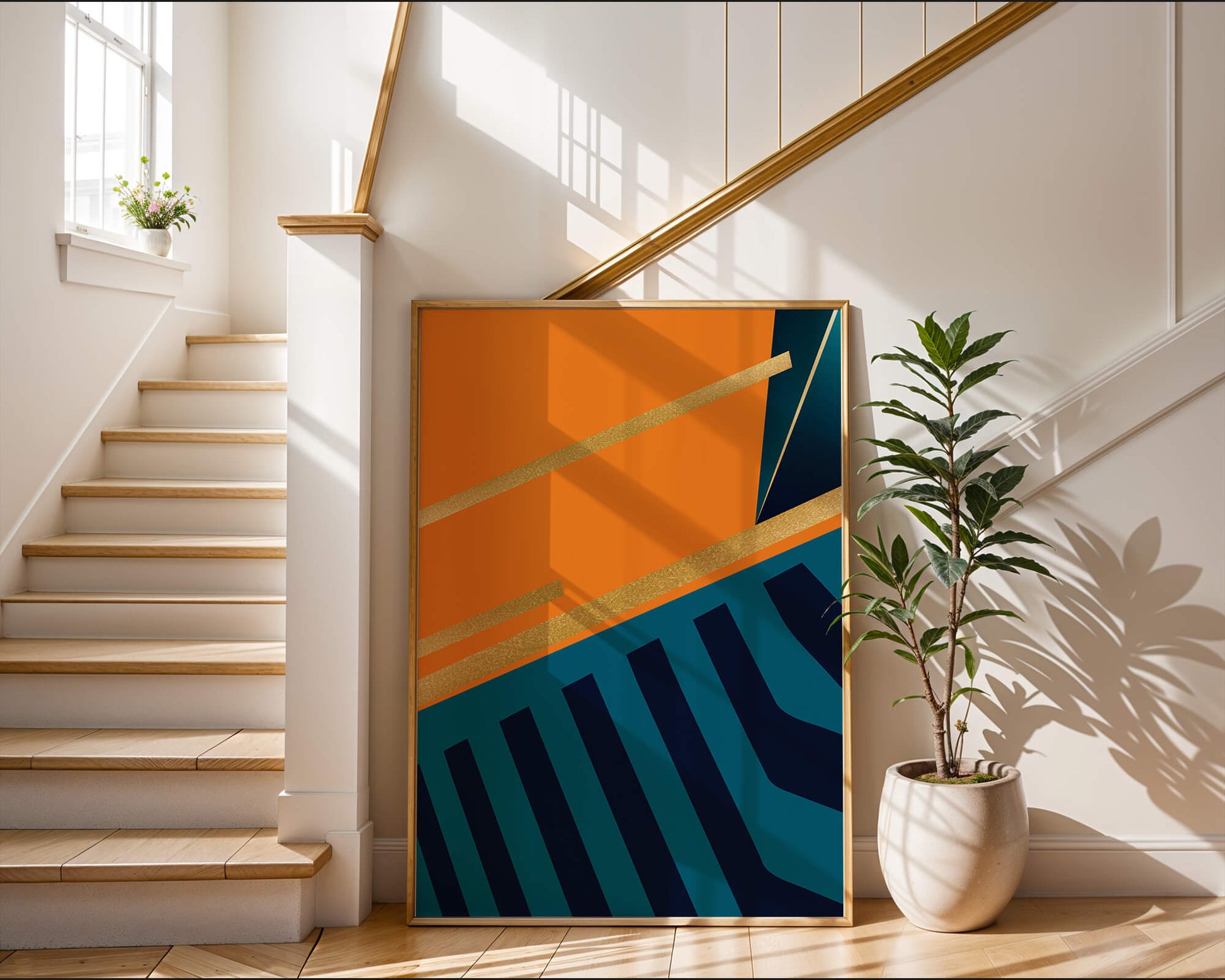 Moderne geometrische Abstraktion mit goldenen Elementen und kräftigen Farben 