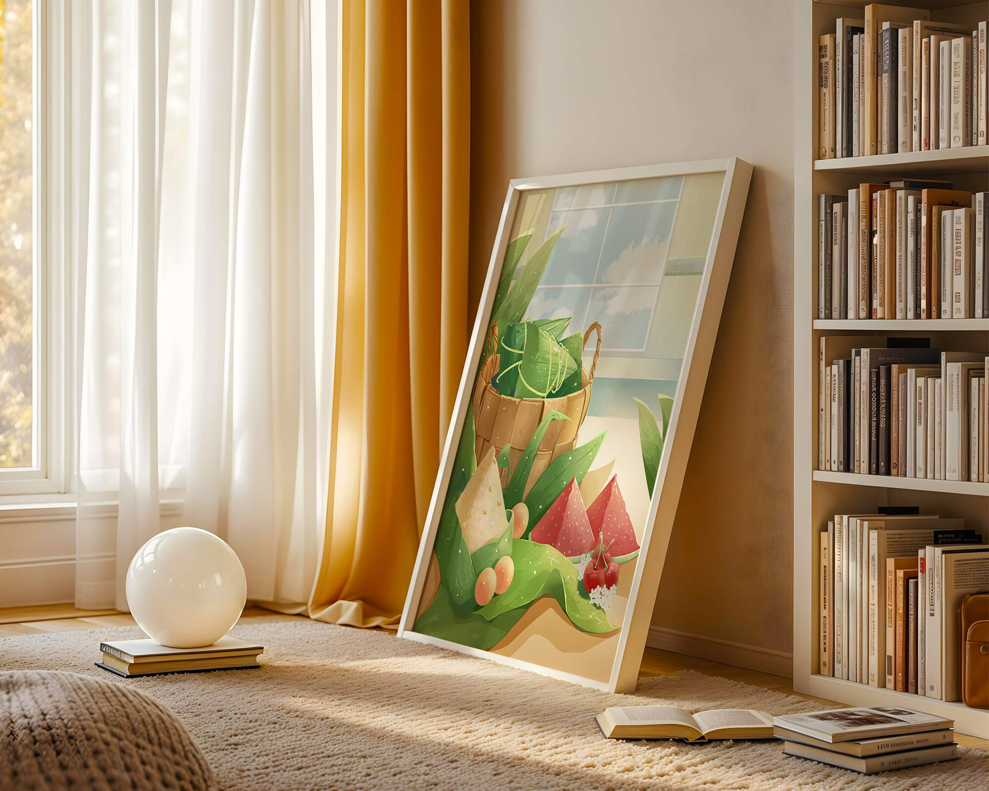 Serene kitchen scene with basket of fruits and leaves