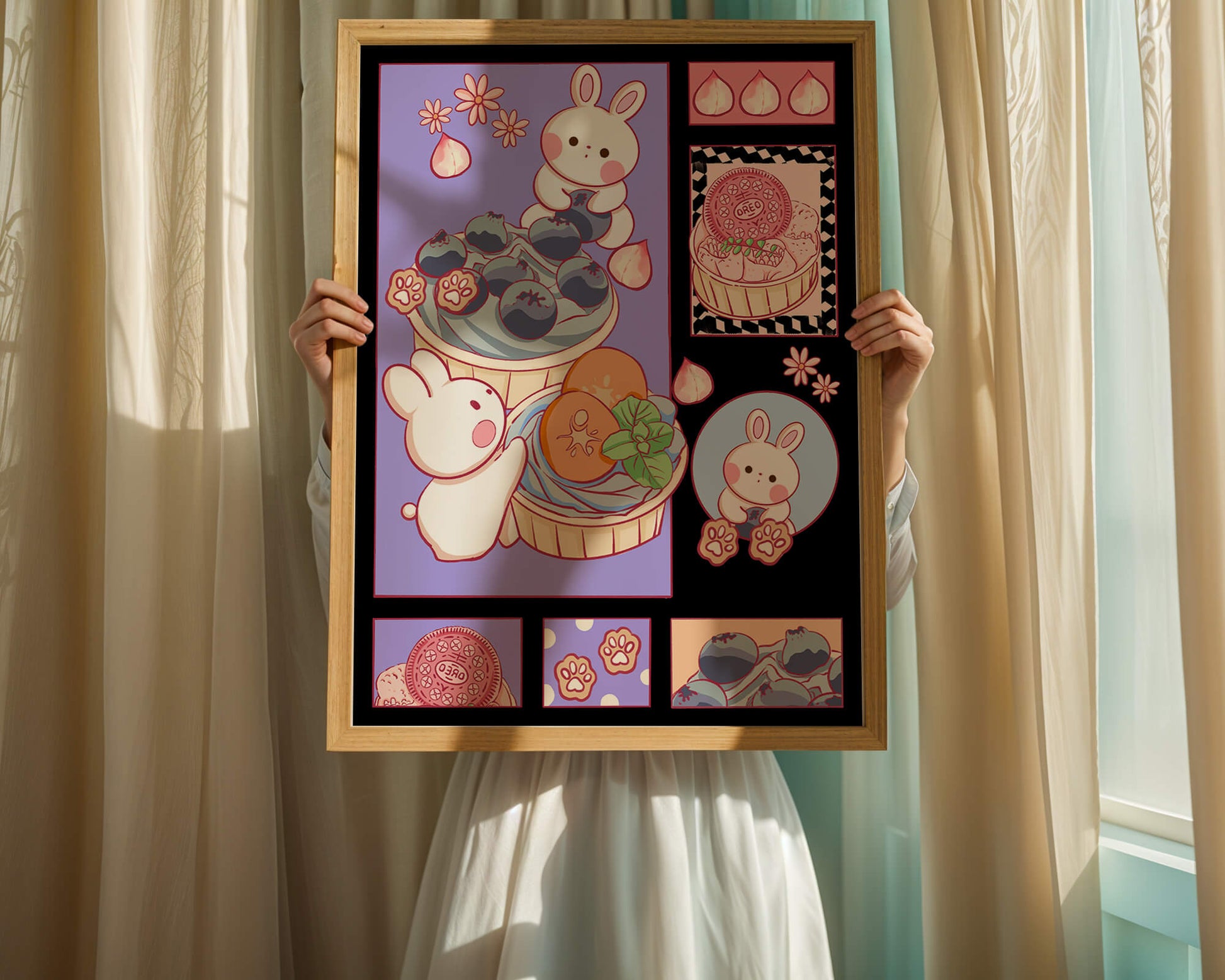 Conejos de dibujos animados encantadores con postres y arándanos