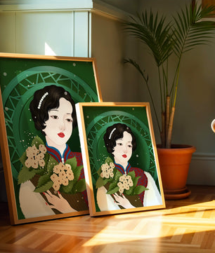 Elegant portrait of a woman with a bouquet of roses on a green abstract background