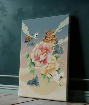Elegant Asian Landscape With Pagoda, Cranes, and Peonies