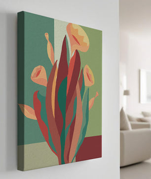 Abstract floral illustration with bold colors and geometric background