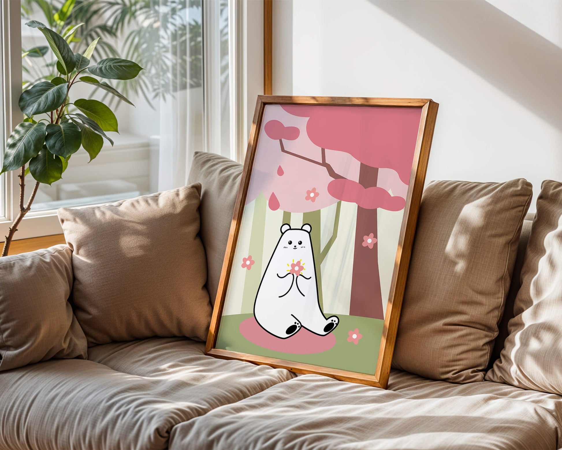 Charming bear holding flower under cherry blossom tree