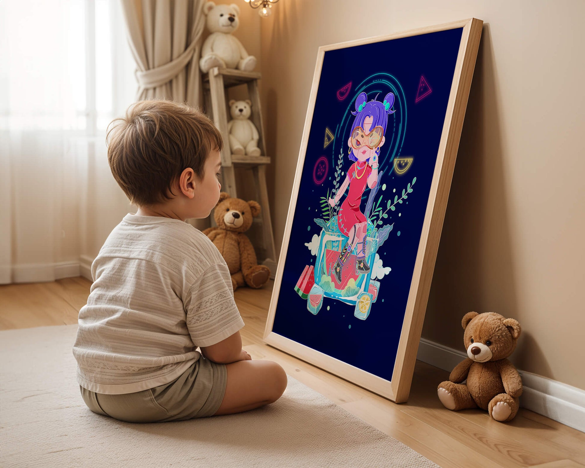 Personnage de dessin animé coloré avec des éléments futuristes