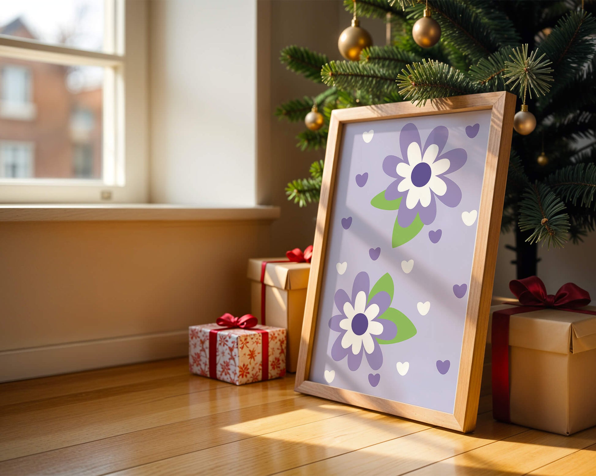 Elegant purple floral pattern with green leaves and heart accents