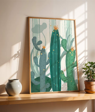 Colorful Cacti with Golden Elements on a Textured Background