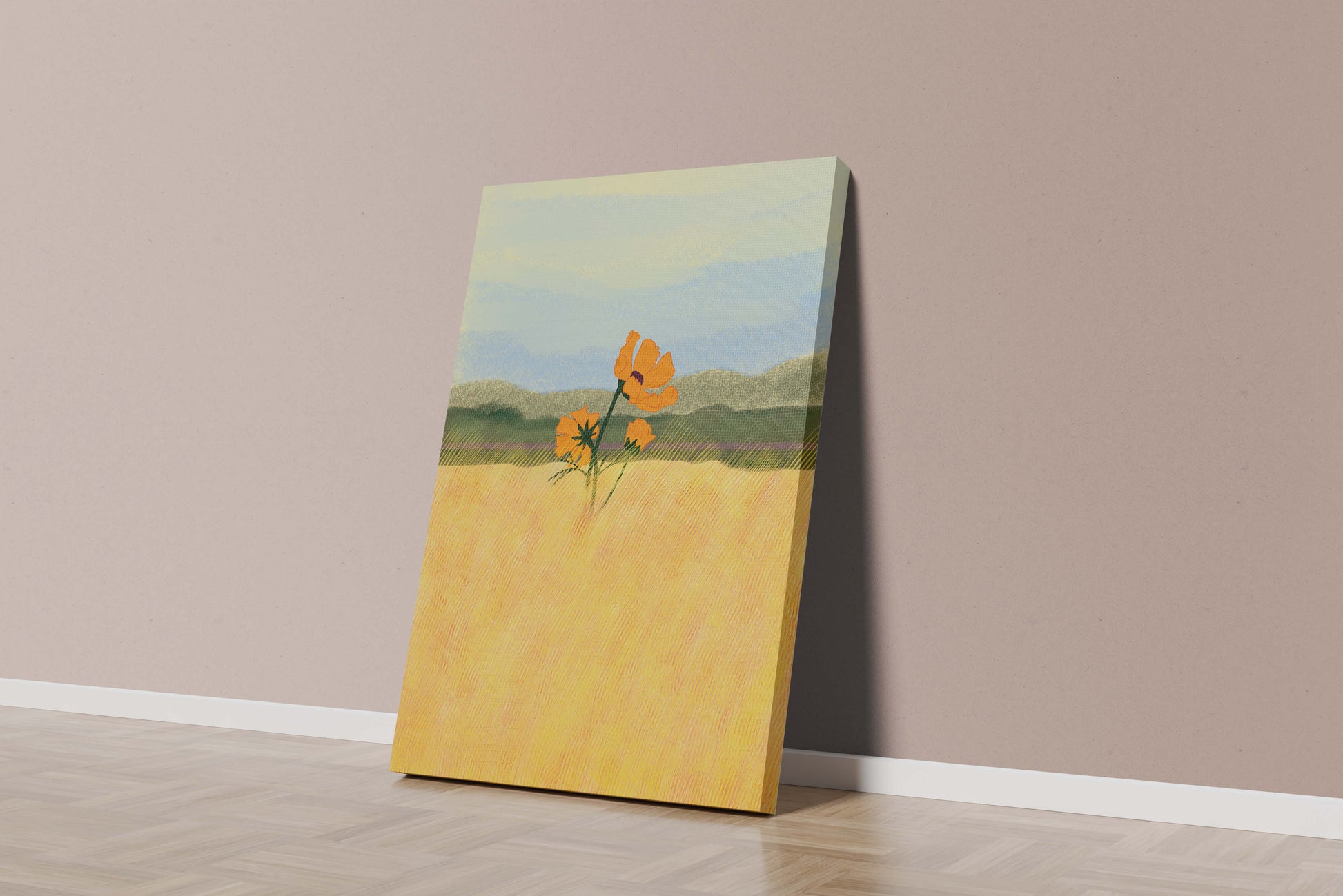 Orange Flowers in a Golden Field with Mountains and Blue Sky