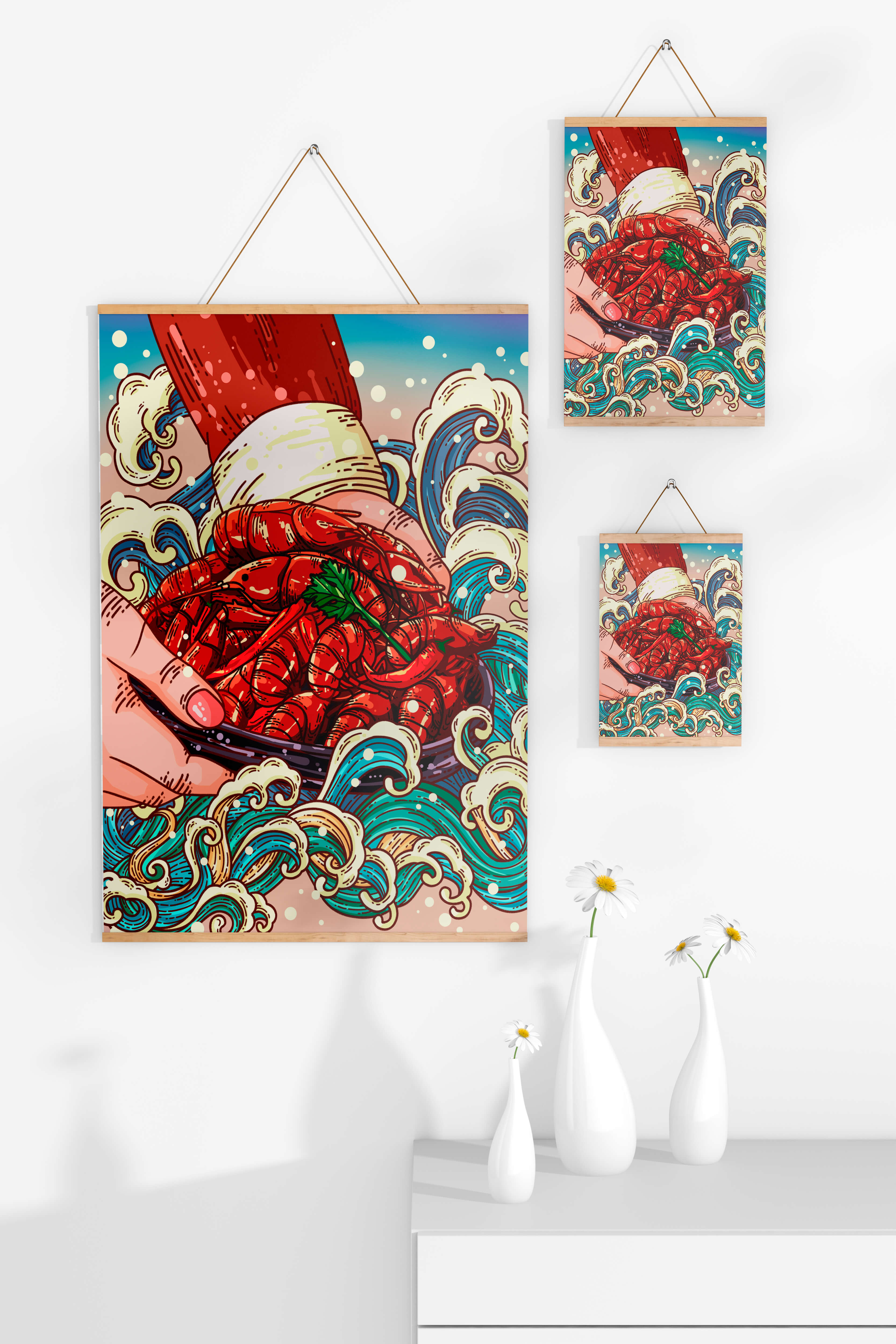 Colorful Cartoon Illustration of Hand Holding Crawfish Over Decorative Waves