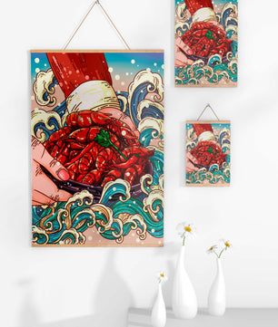 Colorful Cartoon Illustration of Hand Holding Crawfish Over Decorative Waves