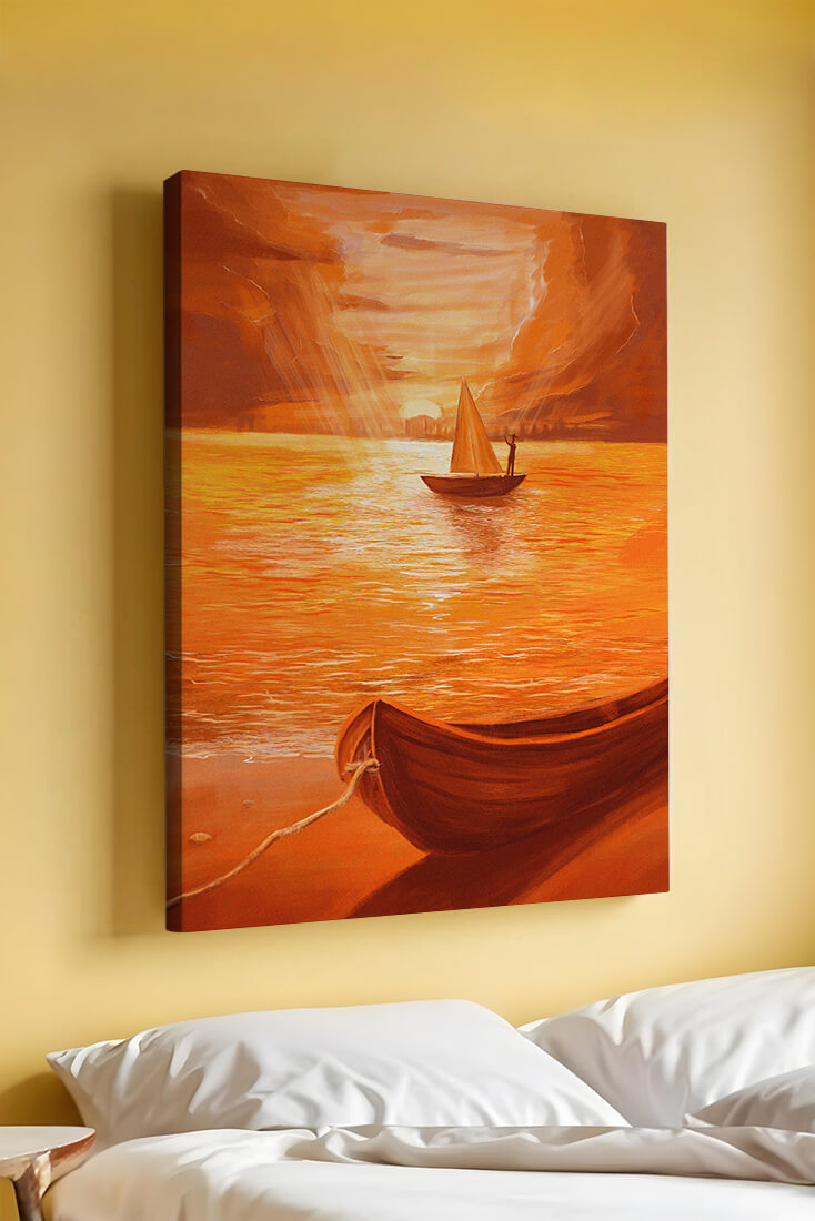velero en un mar anaranjado al atardecer con gloriosa reflexión del cielo