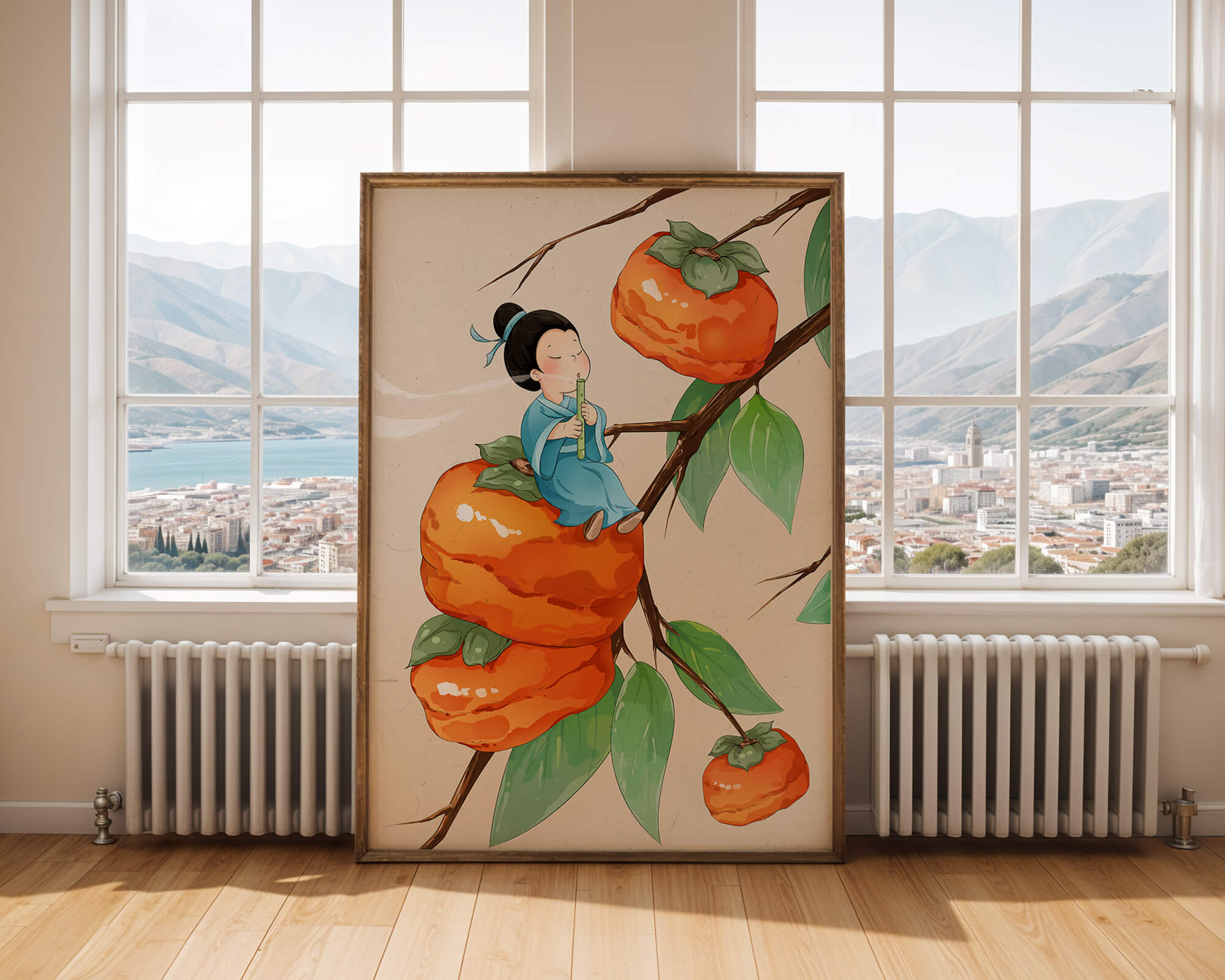 Child playing flute on persimmon-filled tree in whimsical illustration
