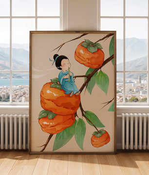 Child playing flute on persimmon-filled tree in whimsical illustration
