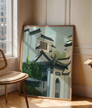 Traditional Asian architecture with lush greenery