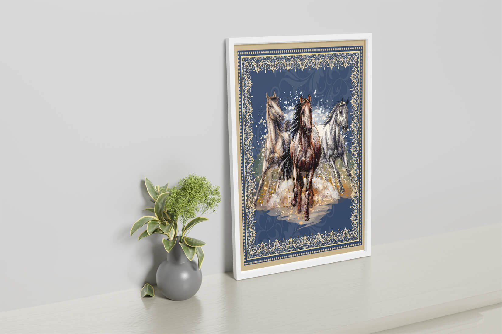 Running horses framed with elegant golden border on a blue background