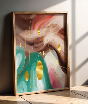Diseño abstracto de remolinos coloridos con círculos dorados