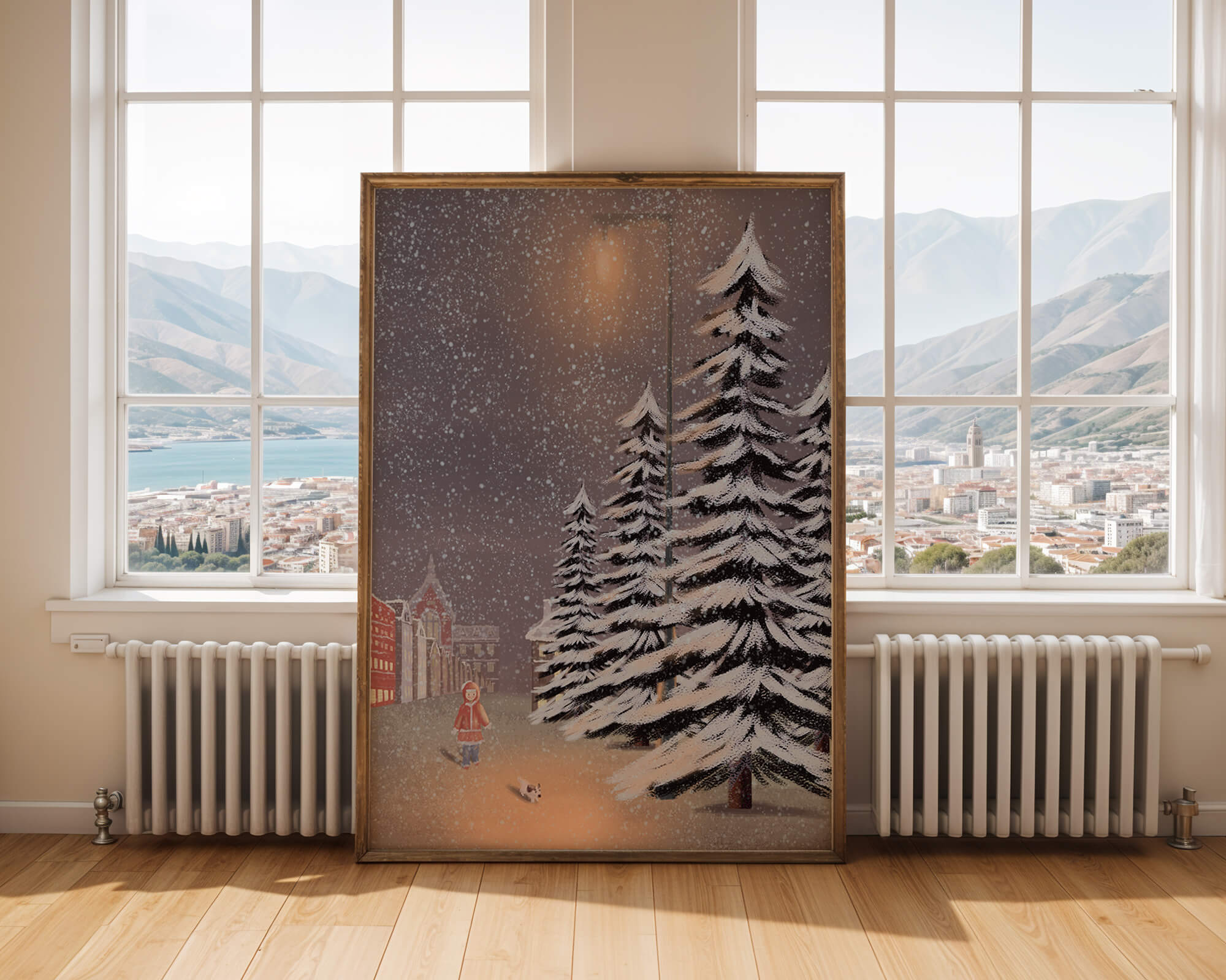 Snowy winter scene with a child and dog in a charming town