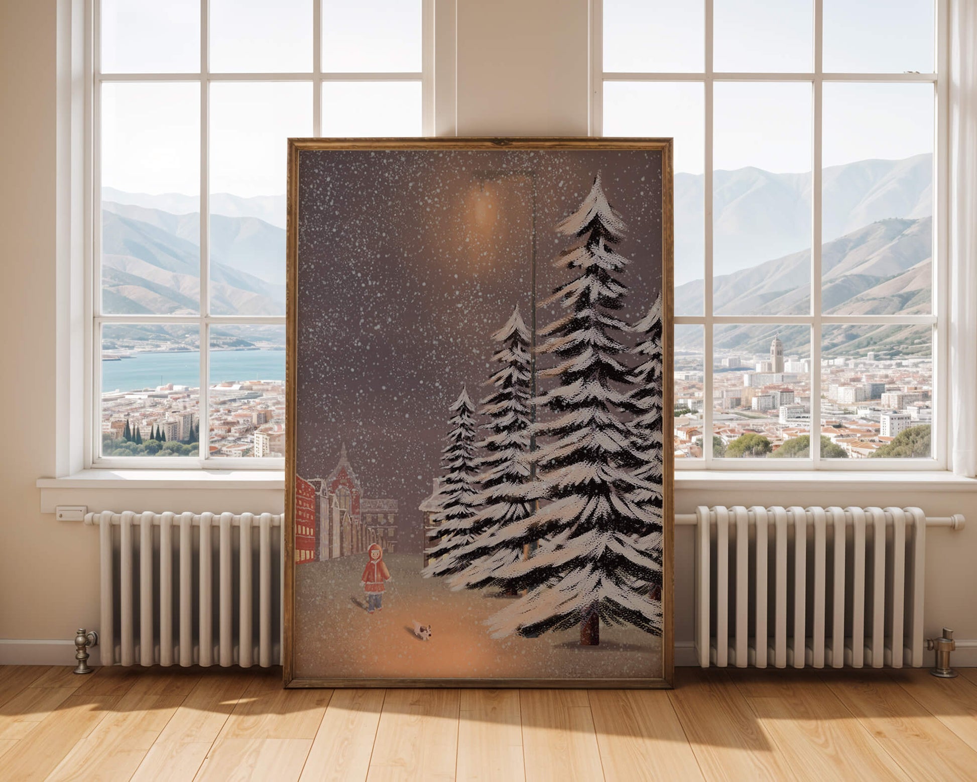Snowy winter scene with a child and dog in a charming town