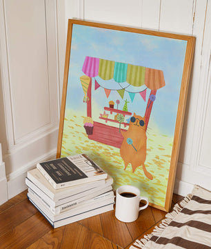 Gato ilustrado con gafas de sol en un puesto de dulces colorido