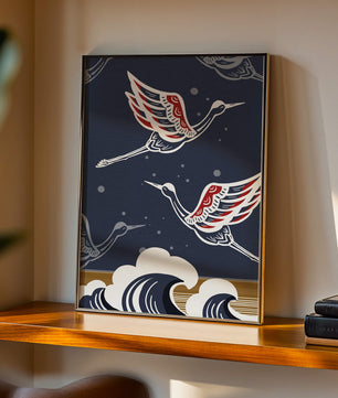 Illustrative cranes flying over ocean waves with dark background