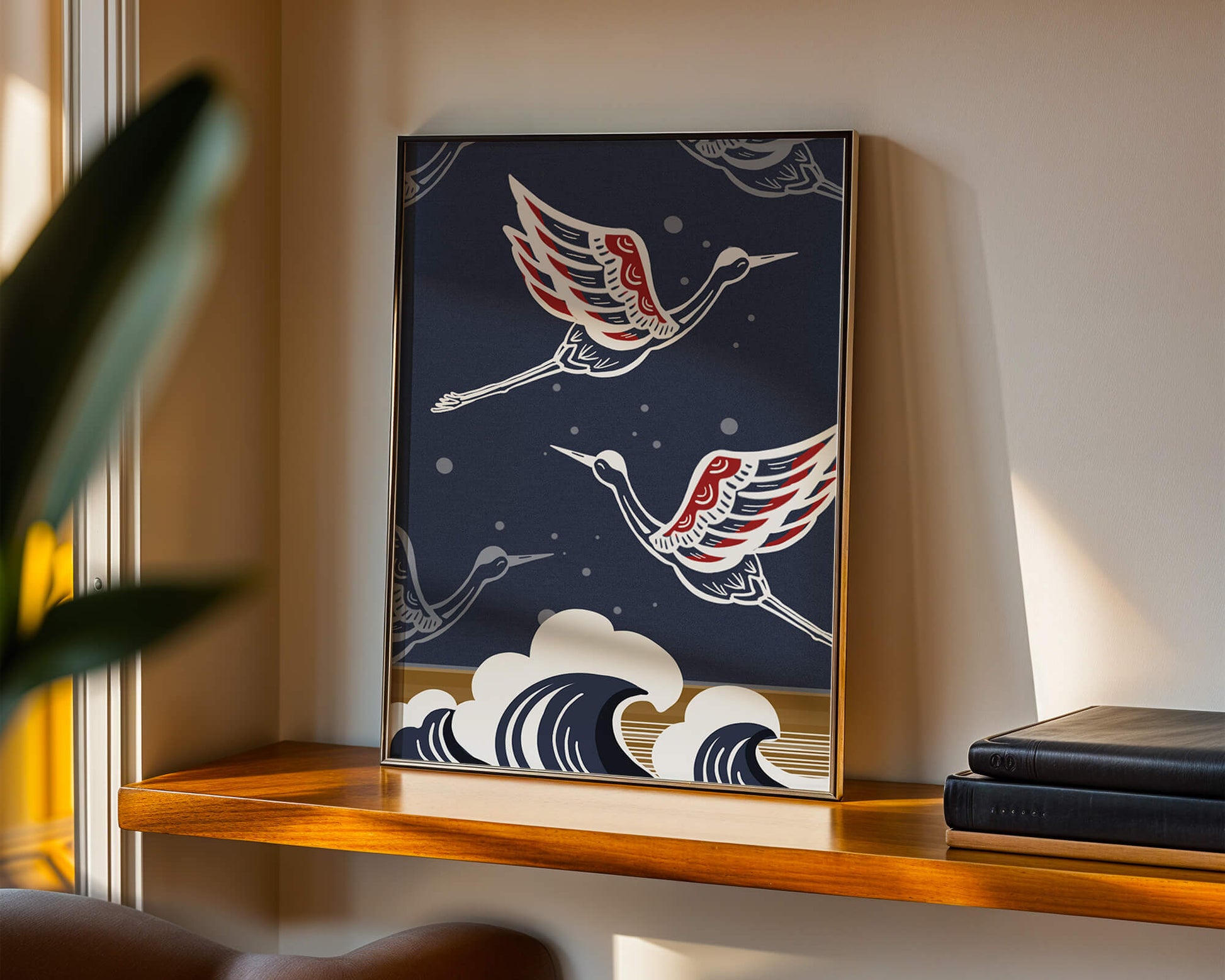 Illustrative cranes flying over ocean waves with dark background