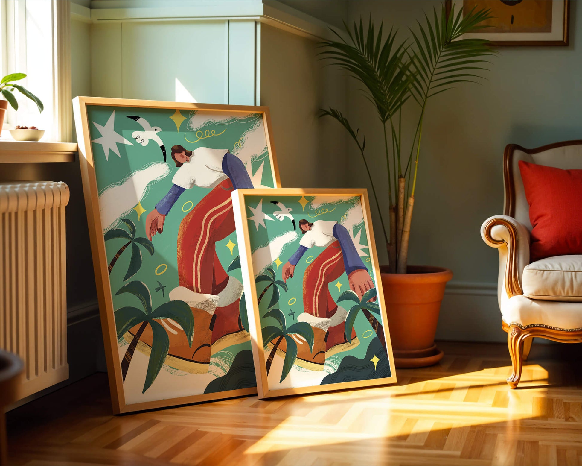 Colorful Abstract Surreal Landscape with Giant Figure and Nature Elements