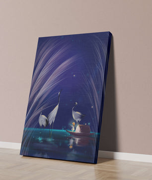 Serene night scene with graceful cranes and a magical boat ride