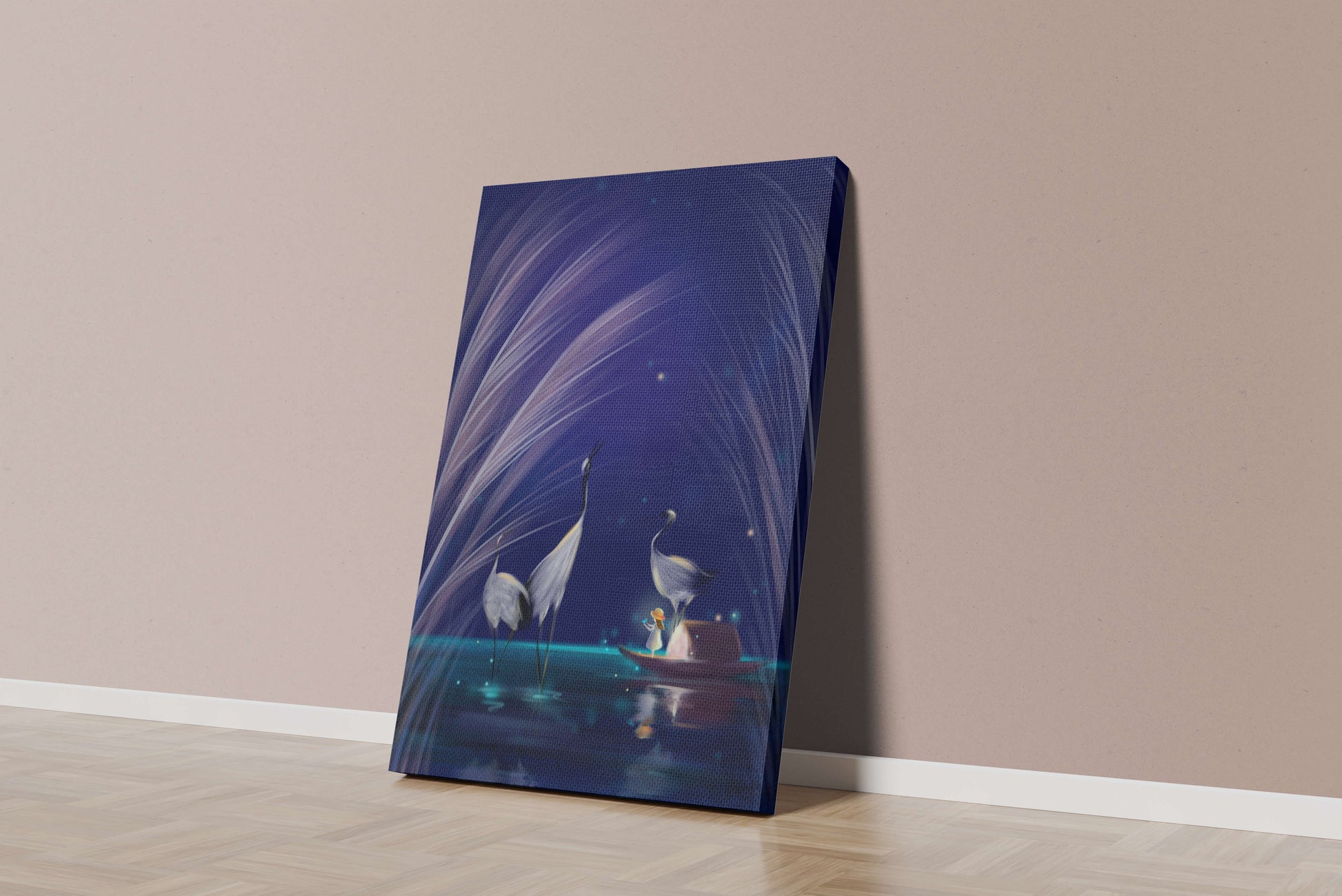 Serene night scene with graceful cranes and a magical boat ride