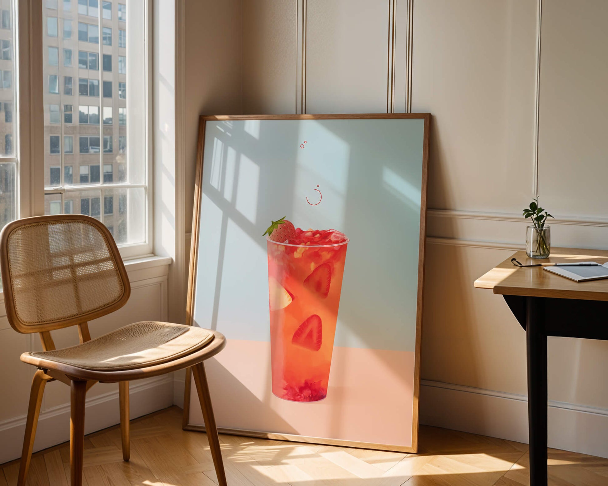 Refreshing strawberry drink with floating slices on pastel background